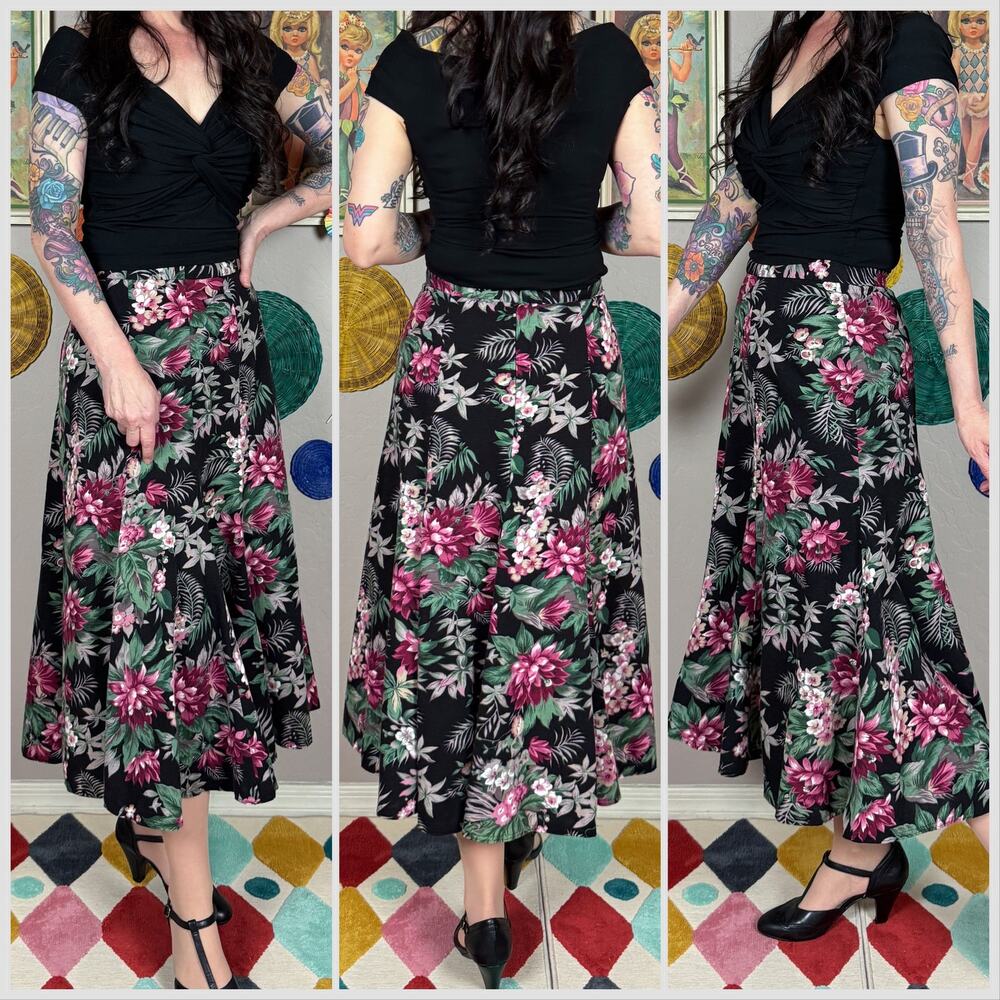 Vintage 1980s Black Garden Floral Trumpet Midi Skirt - Picture 3 of 6